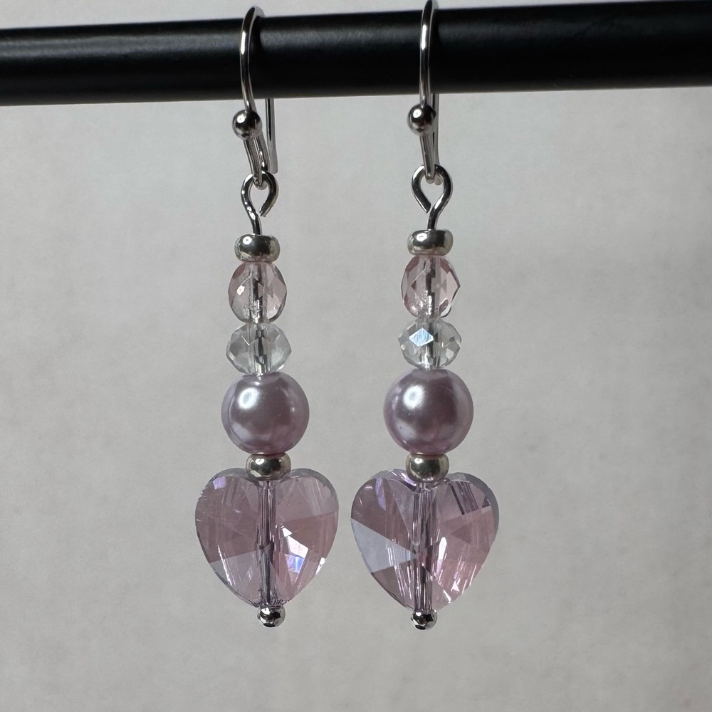 Hand Crafted Crystal Heart and Glass Pearl Dangle Earrings Pink 1 1/2” NWT
